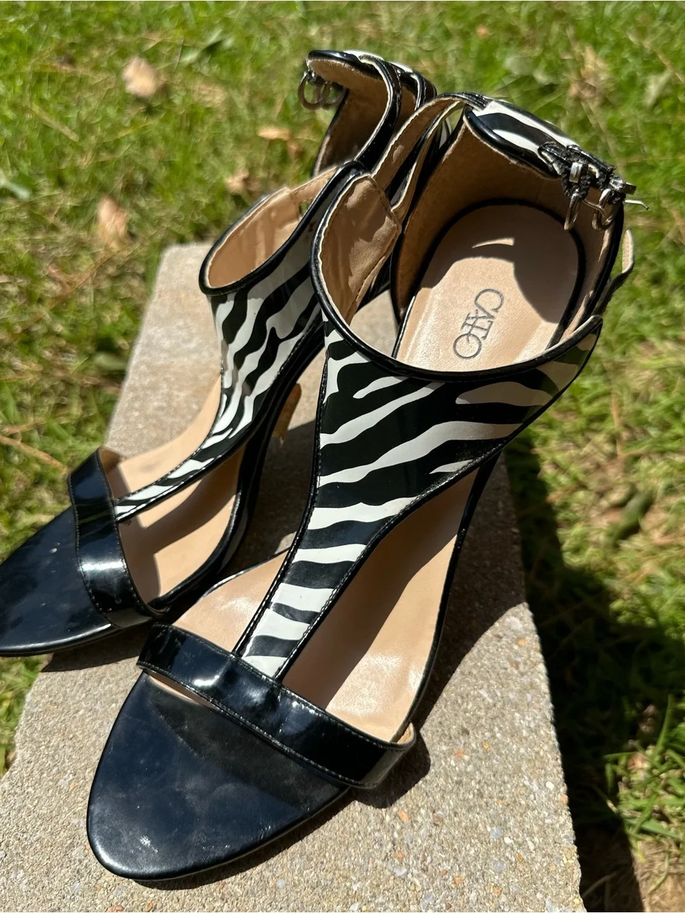 Cato Black and White Zebra-Print T-Strap Heels